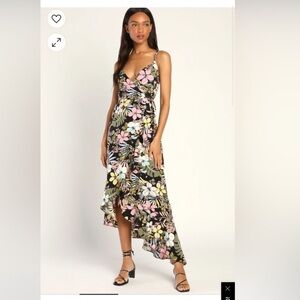 Lulu's Getaway Daydream Black Tropical Print High-Low Dress